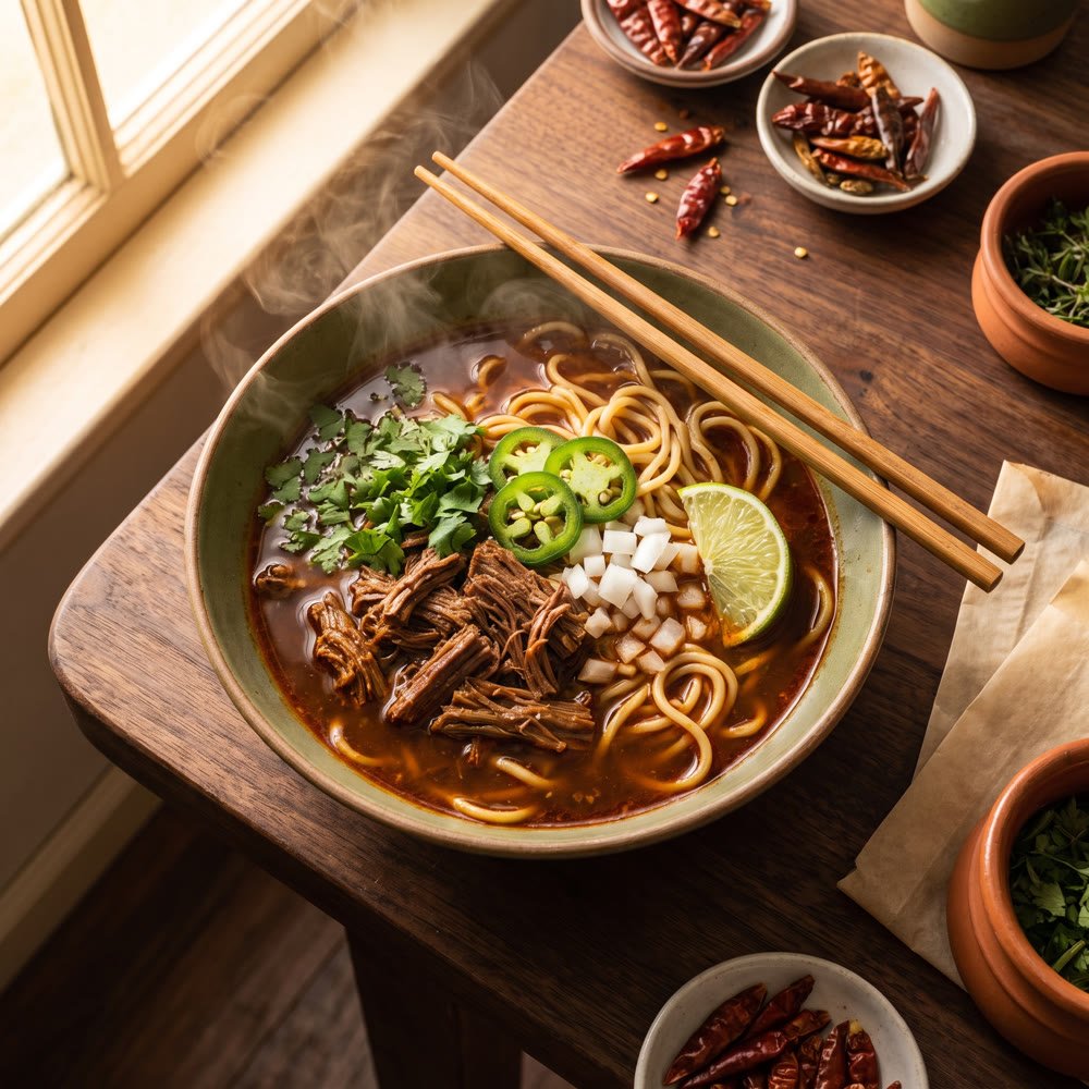 Birria ramen topped with cilantro, jalapeño and lime