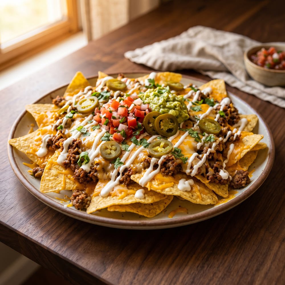 Loaded nachos with crema, pico and cilantro